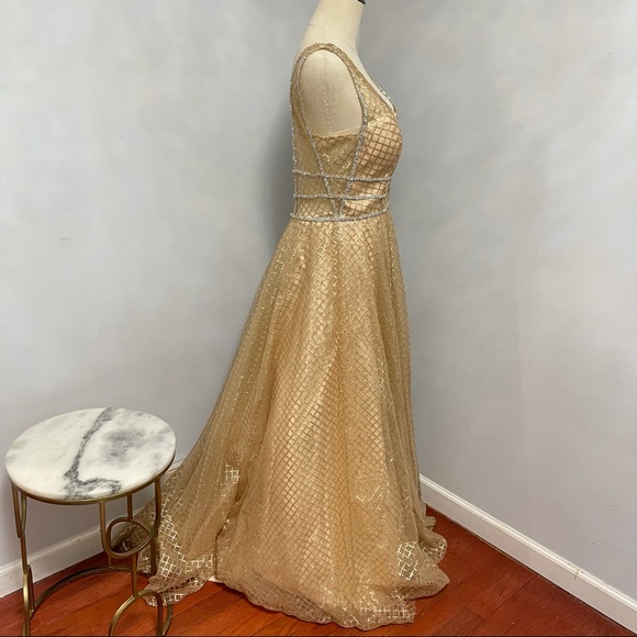 # Mac Duggal Gold Sequin Illusion Neck A Line Gown - Picture 5 of 17